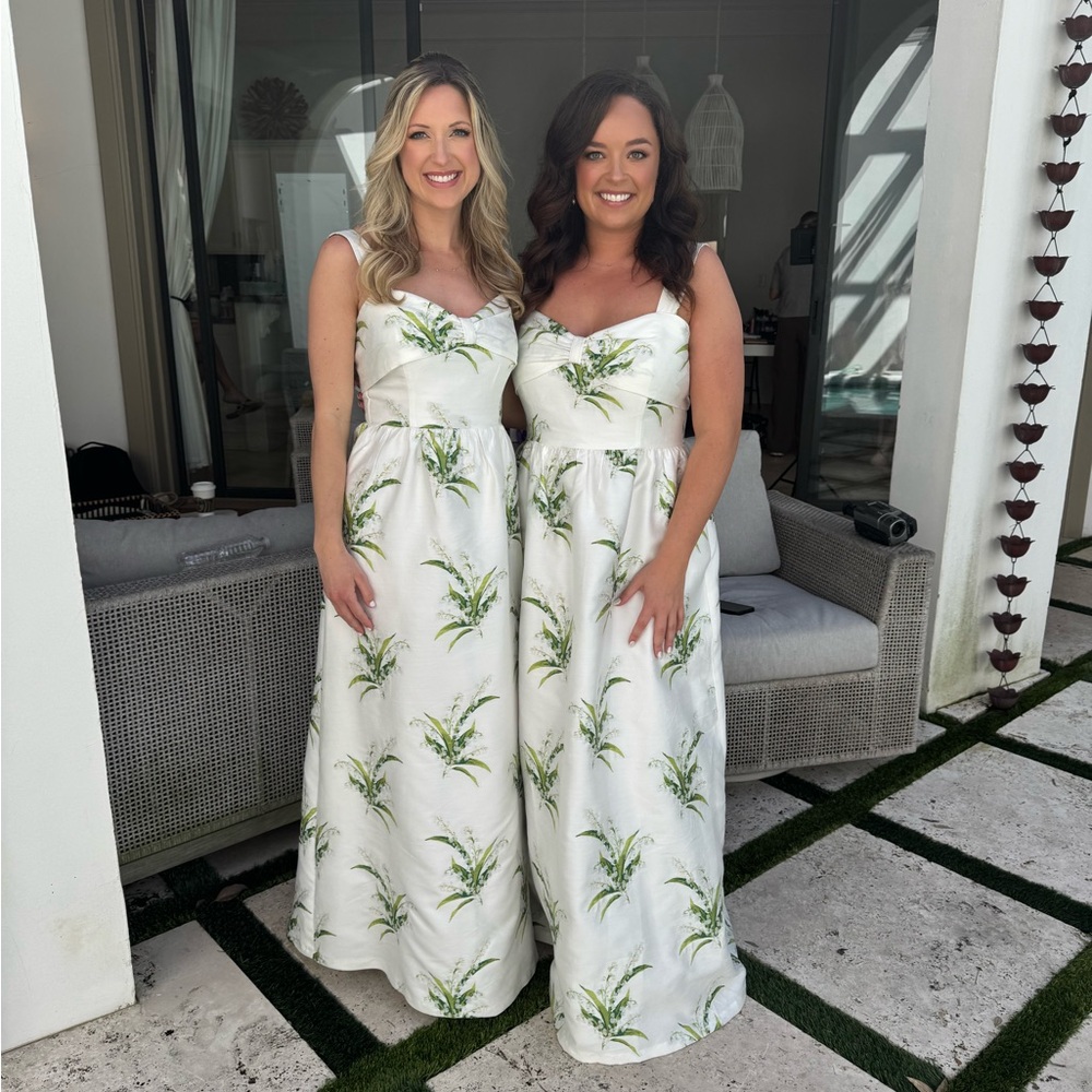 Elegant White and Green Floral Maxi Dress